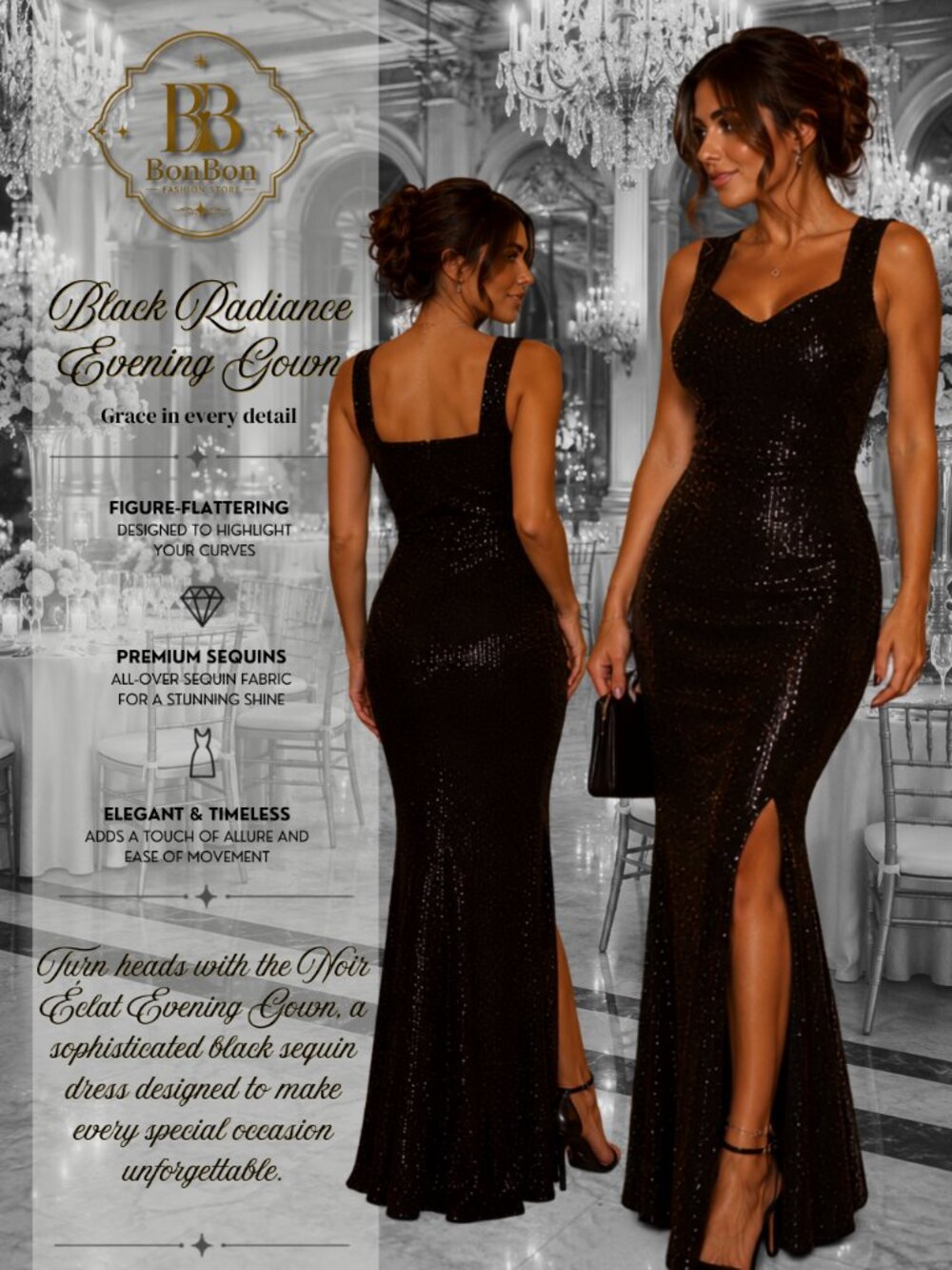 Black Sequin Evening Gown | Elegant Formal Maxi Dress | Sleeveless Wedding Guest